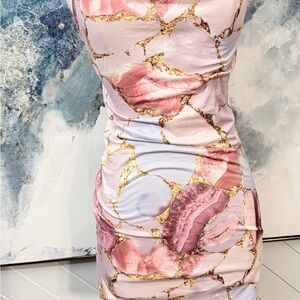 SHEIN Pink Marble-Print Bodycon Mini Dress with Gold Accents